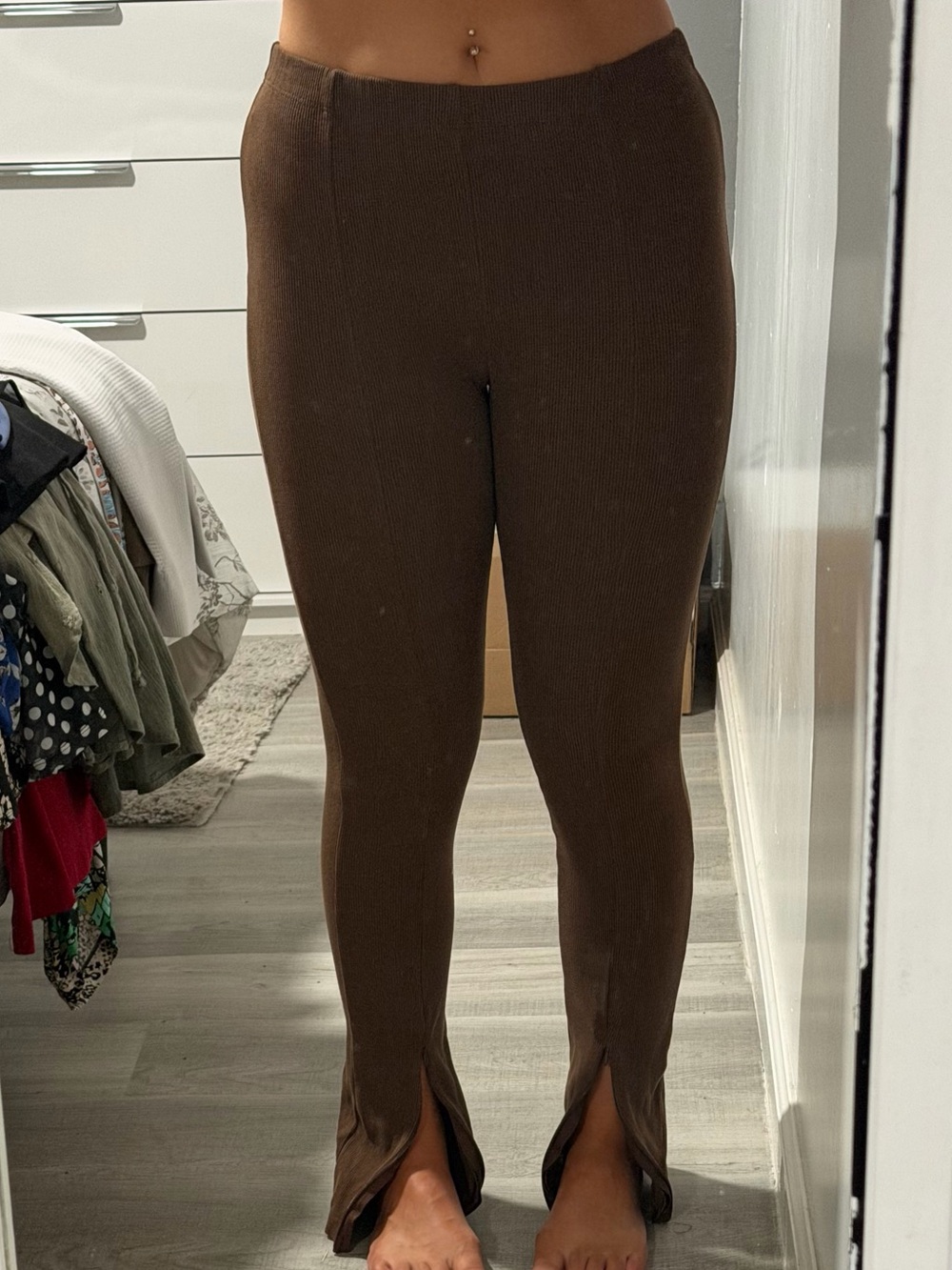 Topshop Brown Ribbed Split-Hem Boot Cut Pants